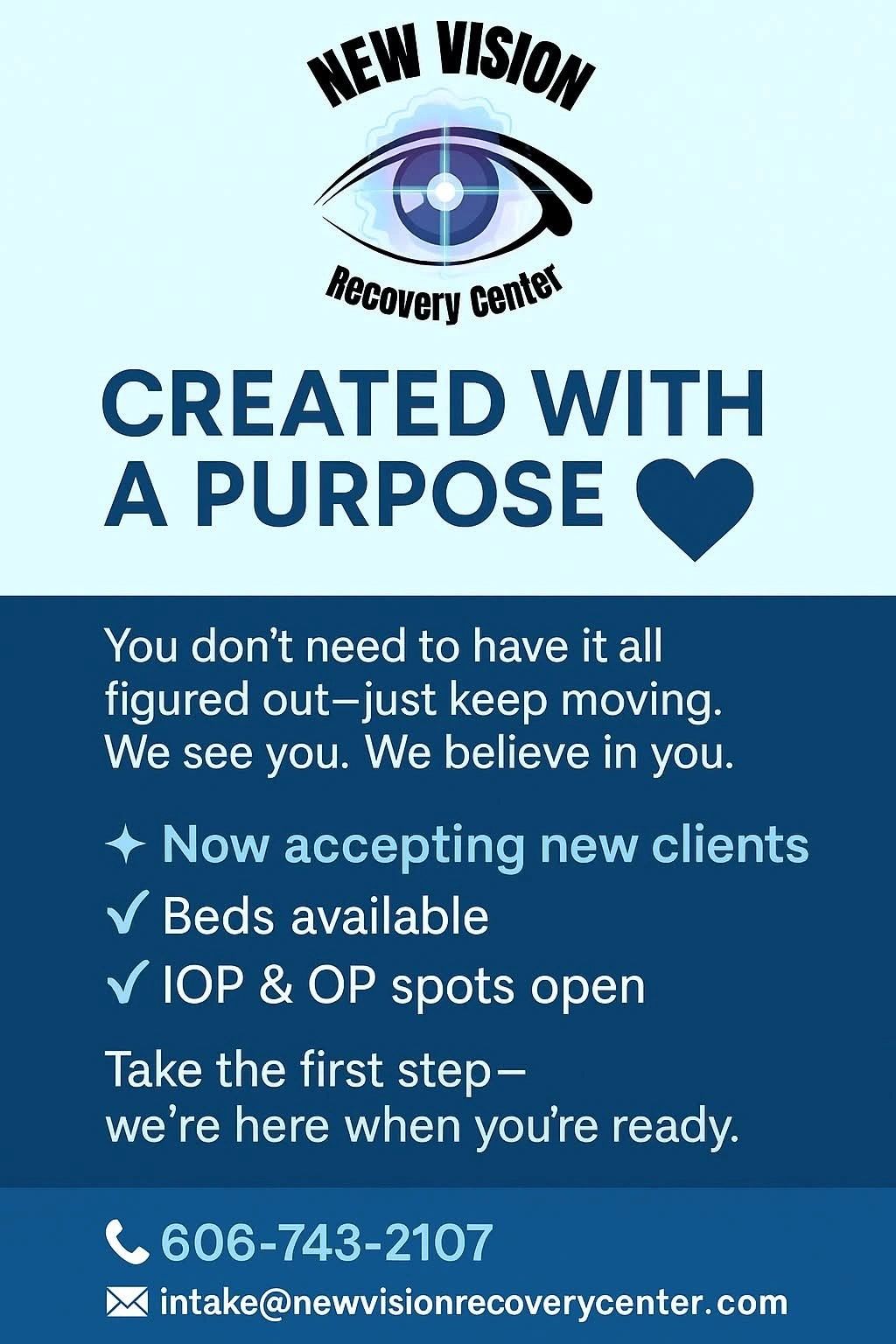Created With a Purpose flyer: now accepting new clients, beds available, IOP and OP spots open. Call 606-743-2107.